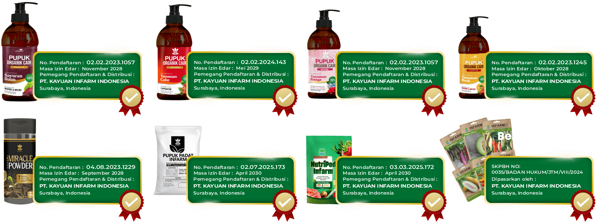 Produk infarm bersertifikat: POC Sayur, POC Cabai, POC Bunga, POC Buah, Miracle Powder, Pupuk Padat, Nutripod, dan Benih Premium — terdaftar atas nama PT. Kayuan Infarm Indonesia
